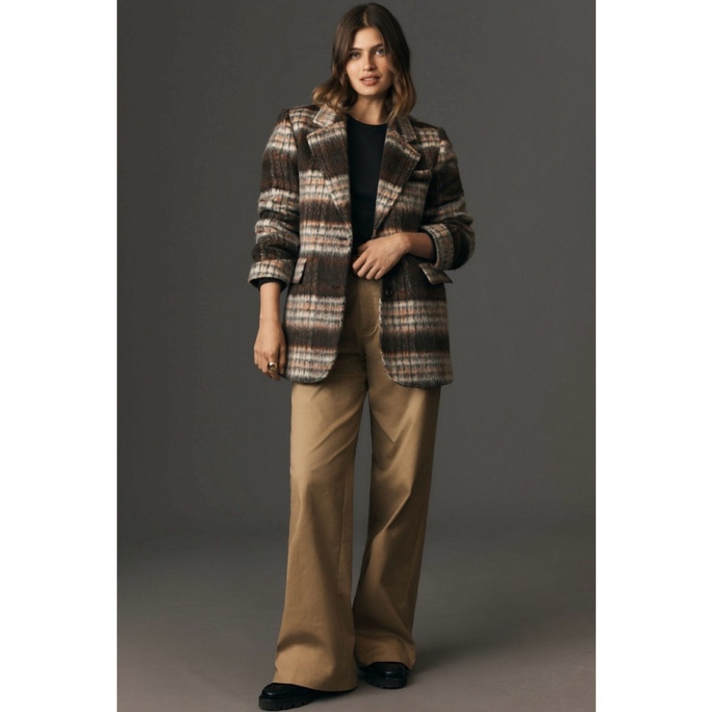 NEW Anthropologie Maeve Brushed Plaid Blazer Brown Motif